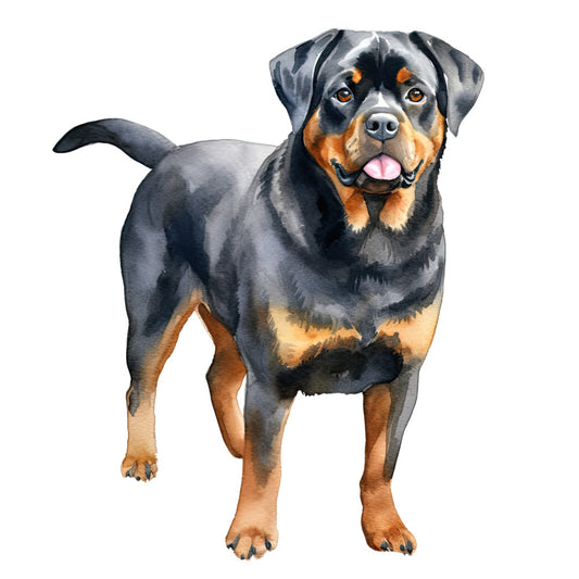 Watercolor Rottweiler Fabric Panel 23 features a detailed hand-painted dog design on premium quilting cotton fabric.