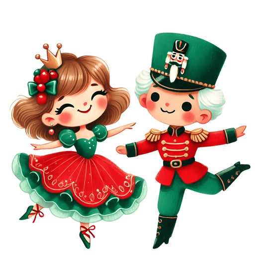 christmas, holiday, nutcracker, festive, red, forest green, cream, gold accents, vintage, whimsical, retro, dance, celebration, cheerful, decorative, winter, traditional, nostalgic, toy soldier, princess, crown, elegant, playful, children's, cute characters, classic holiday, red and green, metallic gold, charming, festive design