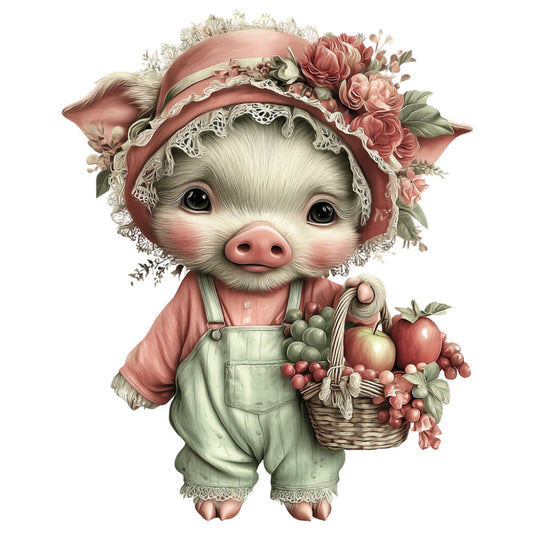 cute pig, farm animal, floral, vintage, whimsical, farmhouse, pastoral, country, rustic, blush pink, dusty rose, cream, sage green, soft colors, cottage style, folk art, illustrated, character design, spring, easter, animal wearing clothes, bonnet, basket, fruit, apples, grapes, flowers, decorative, gentle, sweet