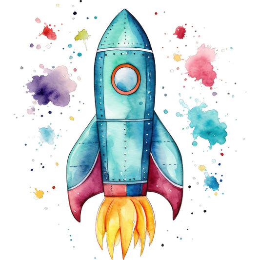 rocket, space, watercolor, turquoise, coral pink, magenta, yellow, orange, purple, teal, blue, abstract, whimsical, modern, children, kids, nursery, blast off, adventure, celestial, colorful, splatter, paint splatter, transportation, spaceship, vibrant, playful, baby quilt, wall hanging, novelty