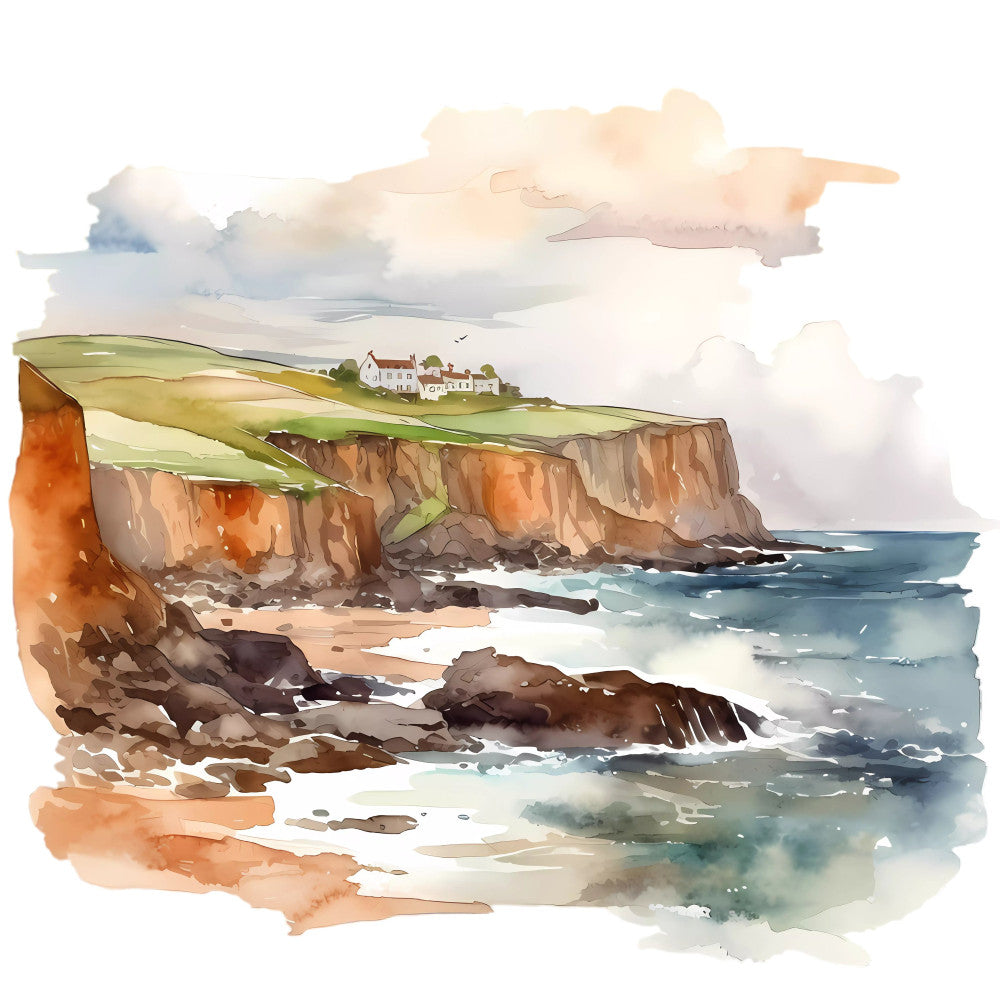 coastal landscape, watercolor, seascape, cliff, ocean, beach, cottage, countryside, rural, nature scene, impressionist, artistic, soft colors, cream, sage green, rust orange, terracotta, blue-gray, muted tones, traditional, romantic, peaceful, scenic, fabric panel, landscape art, seaside, british countryside, pastoral, dreamy