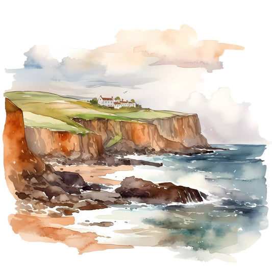 coastal landscape, watercolor, seascape, cliff, ocean, beach, cottage, countryside, rural, nature scene, impressionist, artistic, soft colors, cream, sage green, rust orange, terracotta, blue-gray, muted tones, traditional, romantic, peaceful, scenic, fabric panel, landscape art, seaside, british countryside, pastoral, dreamy
