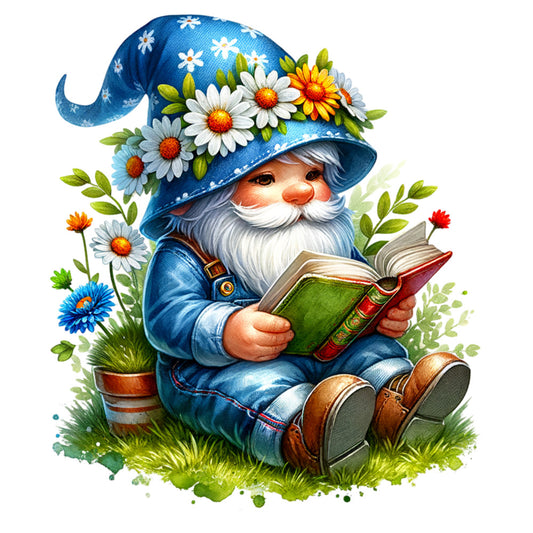spring gnome, garden gnome, blue hat, floral crown, white daisies, orange flowers, reading book, white beard, brown boots, green grass, fabric panel, quilting cotton, whimsical illustration, fantasy character, nature scene, bright colors, cottage core, magical theme, children's fabric, craft panel