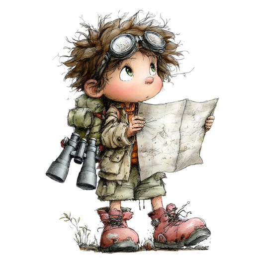 adventure, aviator, binoculars, boots, brown, steampunk, explorer, goggles, map, tan, beige, cream, rust red, khaki, vintage, whimsical, child, boy, adventure seeker, travel, journey, outdoor, expedition, nature, illustration, storybook, nursery, children's, steampunk style, retro