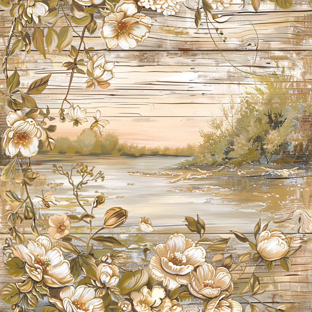 Lake on Rustic Wood Fabric Panel 15