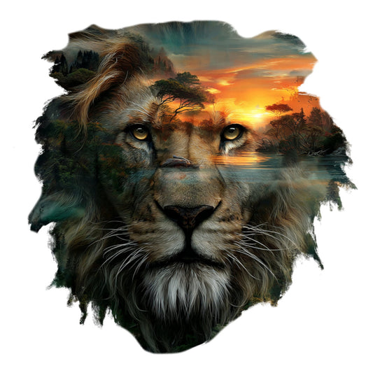 lion, wildlife, double exposure, safari, sunset, golden hour, forest, nature, amber, orange, warm tones, earthy, majestic, animal portrait, landscape blend, artistic, modern, abstract, masculine, strong, bold, wildlife art, African, savanna, dramatic lighting, wall hanging, home decor, inspirational, statement piece
