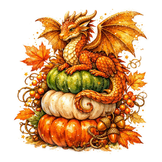 autumn dragon, fall harvest, fantasy creature, gold orange, burnt orange, forest green, cream beige, rustic orange, whimsical dragon, magical theme, pumpkin spice, autumn leaves, maple leaves, acorns, berries, seasonal harvest, fall decor, dragon fantasy, nature theme, woodland creatures, celestial sparkle, enchanted forest, cozy autumn, thanksgiving, fall festival, warm tones, fantasy animals, mystical, decorative panel, wall hanging