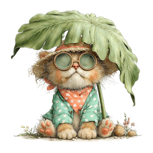 whimsical cat, sage green, rust orange, cream, woodland creature, garden gnome, cute animal, illustration style, botanical, leaf hat, glasses, nature themed, spring, fantasy character, children's fabric, playful, storybook, rustic charm, earthy tones, character panel, animal lover, cottage core, garden inspired, flower pot hat, adorable creatures, artistic illustration, soft pastels, whimsy, nature lover