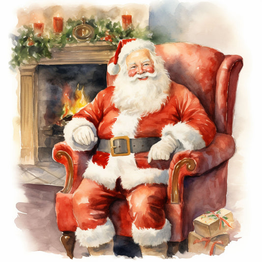 santa claus, christmas, red suit, white beard, fireplace, armchair, watercolor style, holiday scene, fabric panel, quilting cotton, festive, winter, presents, gifts, mantel decorations, candles, warm colors, cozy interior, seasonal motif, cheerful santa