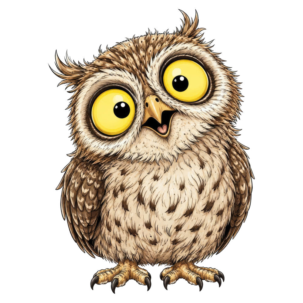 owl, yellow eyes, brown, cream, tan, beige, whimsical, cute, animal, bird, cartoon, children, playful, expressive, novelty, woodland, nature, baby, nursery, wall hanging, quilt panel, fun, cheerful, illustrated, storybook, cottage core, rustic charm, kids fabric, character fabric