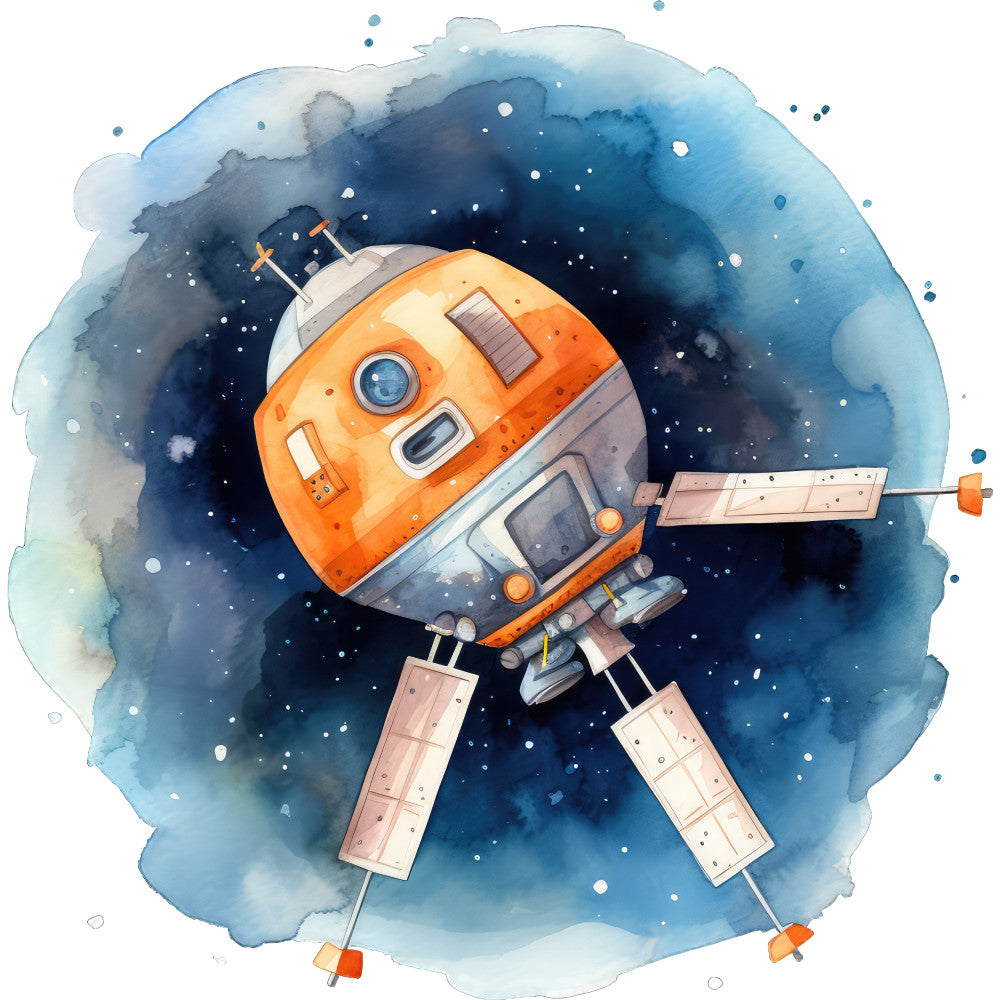 space, astronaut, robot, orange and gray, navy blue, light blue, watercolor, celestial, sci-fi, science fiction, whimsical, modern, stars, satellites, spacecraft, tech, futuristic, adventure, children's, kids, playful, soft watercolor style, dreamy, galaxy, cosmos, STEM, educational