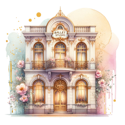 ballet studio, watercolor style, ornate building, pink flowers, golden accents, purple tones, peachy colors, mint green, arched windows, decorative balcony, fabric panel, quilting cotton, whimsical illustration, romantic mood, floral elements, european facade, dance theme, artistic watercolor, soft pastels