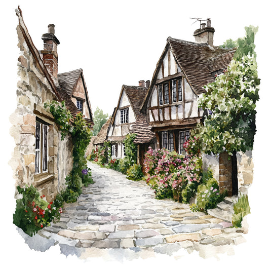 watercolor painting, english village, tudor houses, cobblestone street, timber framed buildings, cottage garden, flowering plants, stone walls, thatched roofs, chimneys, medieval architecture, country lane, pink flowers, green foliage, beige stonework, brown timber beams, fabric panel, quilting cotton, pastoral scene, european countryside