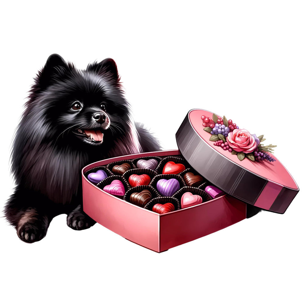 black pomeranian, dog, fluffy dog, chocolate box, heart-shaped box, pink, rose pink, burgundy, chocolate brown, floral, roses, romantic, valentine's day, love, sweet treats, candy, whimsical, cute animals, pet lover, gifts, elegant, feminine, purple grapes, decorative ribbon, spring, luxury, celebration, heart motifs