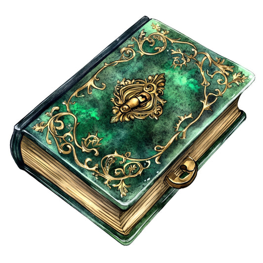 emerald green, gold, ornate, vintage, baroque, antique book, decorative, elegant, ornamental scrolls, flourishes, classical, traditional, luxury, steampunk, literary, library, book lover, aged patina, bronze accents, Victorian, gothic, heritage, timeless, botanical motifs, filigree, embellished, sophisticated, fantasy, magical, treasured keepsake