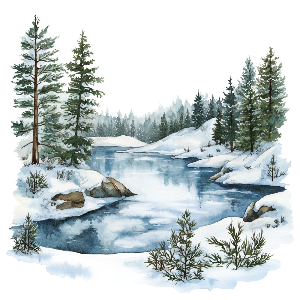 winter landscape, watercolor style, snow covered, evergreen trees, flowing stream, blue water, white snow, forest scene, nature design, fabric panel, quilting cotton, scenic artwork, peaceful mood, cold weather, pine trees, rocks, misty background, serene atmosphere, outdoor wilderness, craft fabric