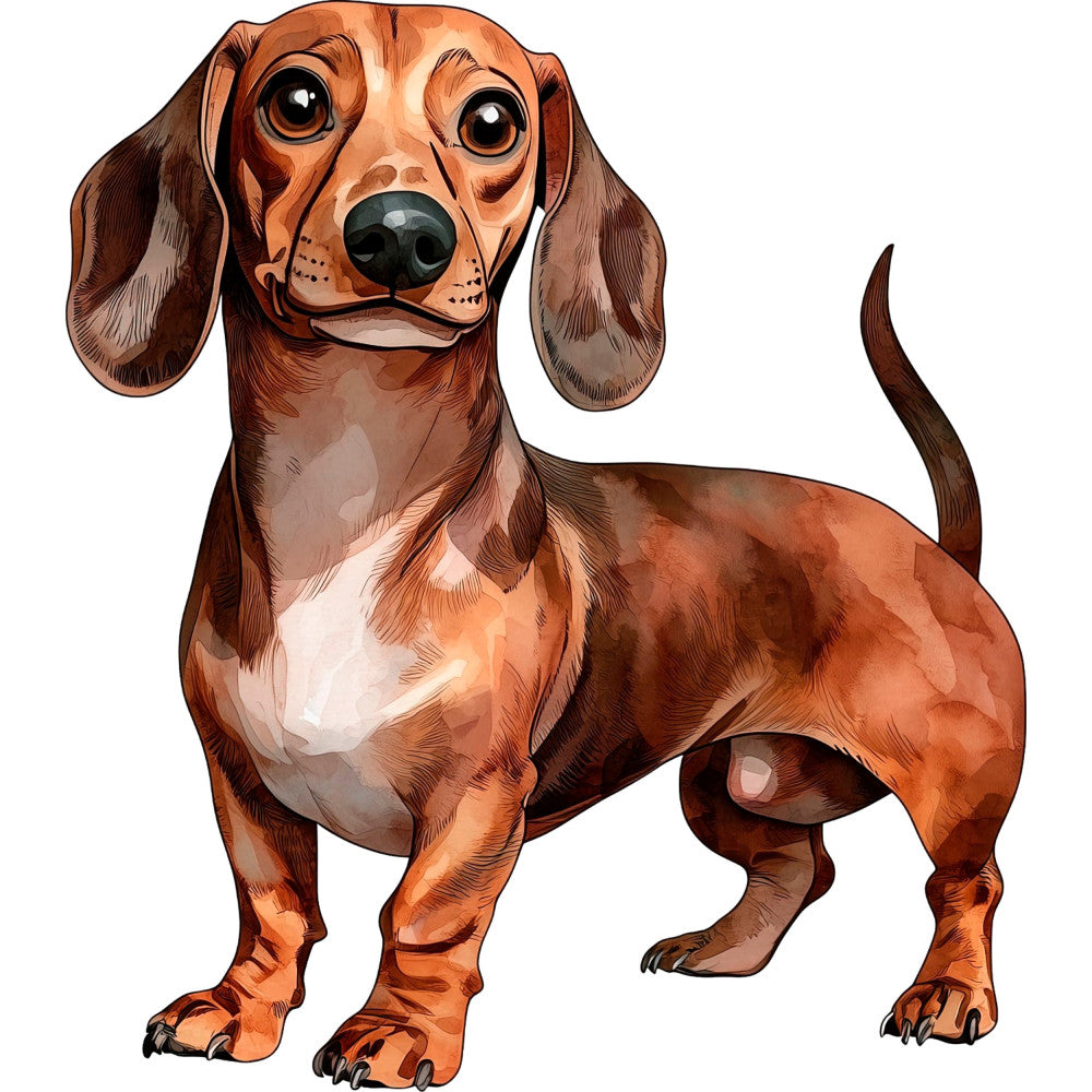 dachshund, wiener dog, brown, rust, tan, cream, white, red-brown, chocolate brown, animal, dog breed, portrait, realistic, whimsical, cute, playful, pet lover, dog illustration, children, kids, nursery, baby, contemporary, detailed, cartoonish, puppy, longhaired, floppy ears, sausage dog