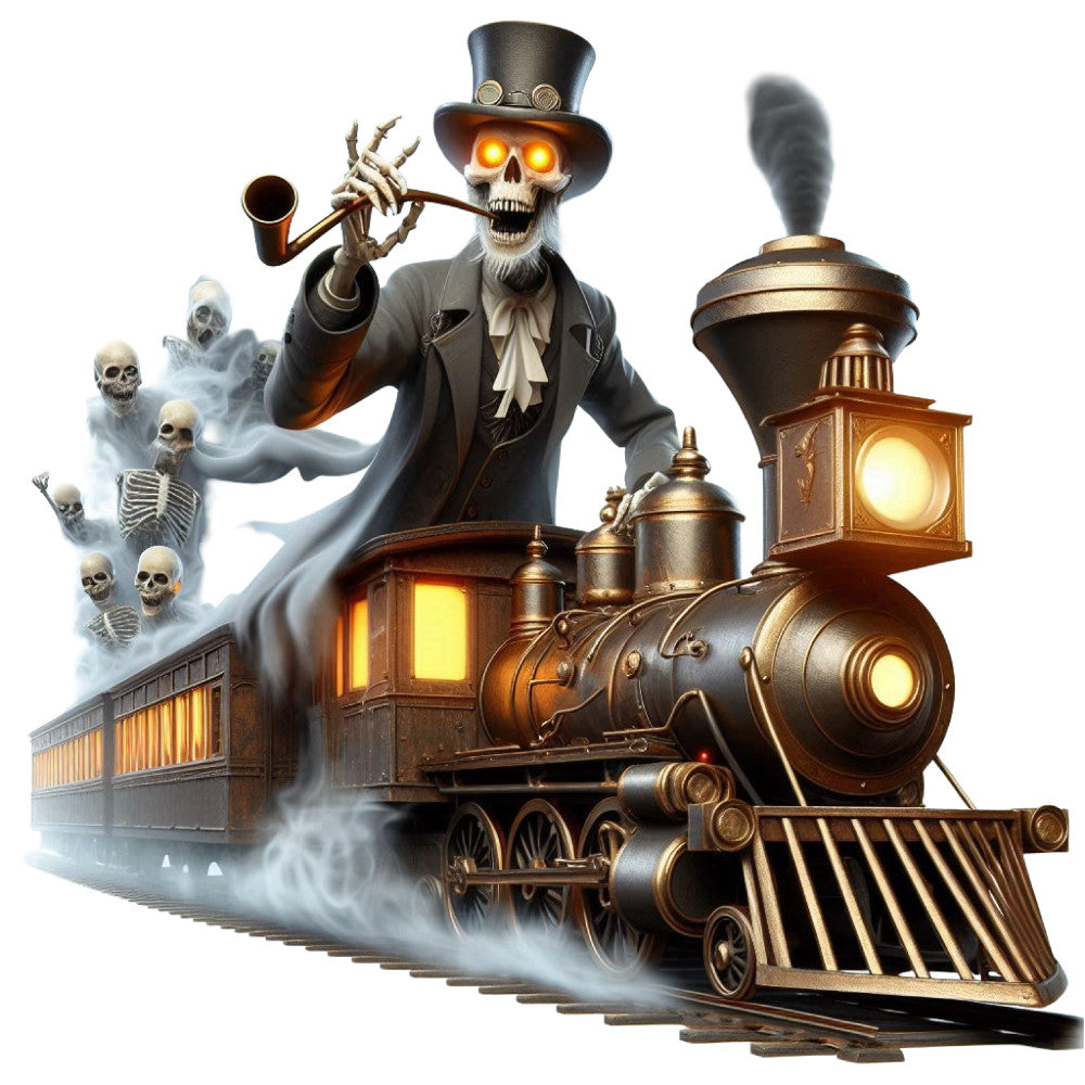 steampunk, skeleton, skulls, top hat, gothic, halloween, spooky, scary, vintage train, locomotive, brass, copper, gold, glowing eyes, mechanical, industrial, dark academia, supernatural, ghosts, bones, gears, lantern, night sky, moody, dramatic, horror, victorian, dark aesthetic, coal smoke, metal details
