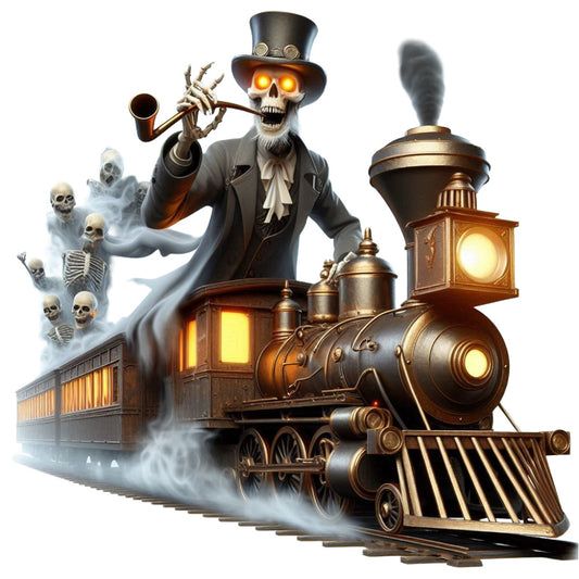 steampunk, skeleton, skulls, top hat, gothic, halloween, spooky, scary, vintage train, locomotive, brass, copper, gold, glowing eyes, mechanical, industrial, dark academia, supernatural, ghosts, bones, gears, lantern, night sky, moody, dramatic, horror, victorian, dark aesthetic, coal smoke, metal details