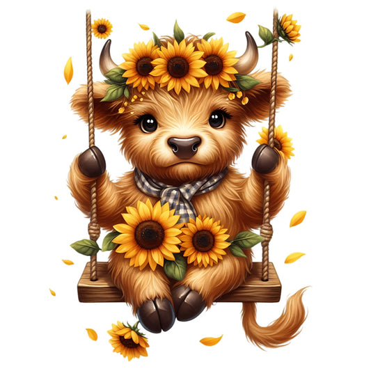 Sunflower Highland Cows Fabric Panel 20 featuring a cute highland cow with sunflowers on a swing printed on premium quilting cotton.
