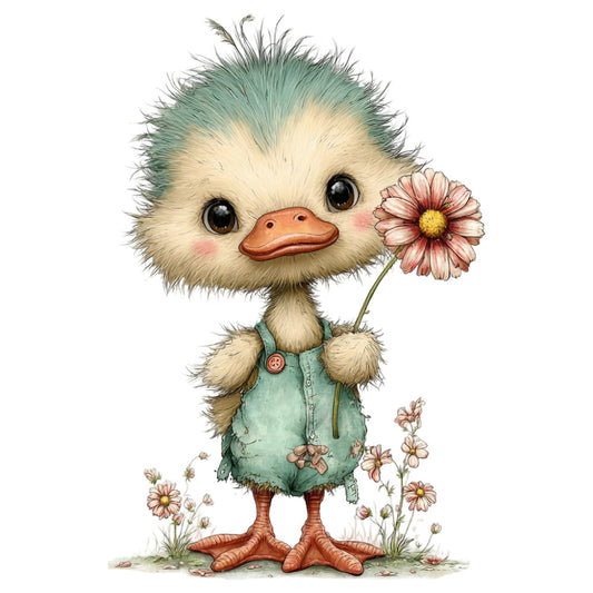 cute duck, whimsical animals, farmhouse style, sage green, cream white, coral orange, pink flowers, daisy flowers, bird character, children's illustration, spring theme, summer theme, nature lover, cottage core, folk art style, sweet and playful, dressed animals, anthropomorphic, rustic charm, garden theme, floral accents, soft pastels, storybook illustration, nursery decor, baby quilt, wall hanging, vintage inspired, adorable character, cheerful design, nature inspired