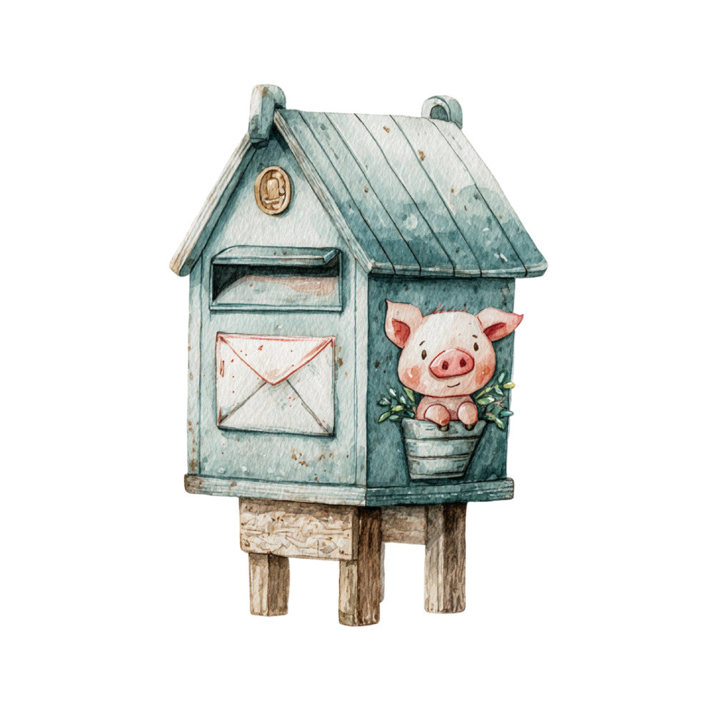 sage green, dusty blue, cream, soft pink, rustic, farmhouse, whimsical, cottage, pig, animals, farm animals, mailbox, vintage, countryside, pastoral, garden, potted plants, mail carrier theme, children's, baby, adorable, charming, illustrated, storybook, folk art, country cottage, sweet, gentle, spring, summer