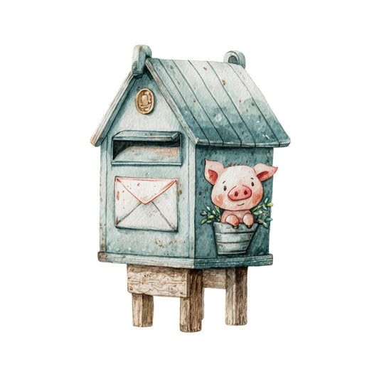 sage green, dusty blue, cream, soft pink, rustic, farmhouse, whimsical, cottage, pig, animals, farm animals, mailbox, vintage, countryside, pastoral, garden, potted plants, mail carrier theme, children's, baby, adorable, charming, illustrated, storybook, folk art, country cottage, sweet, gentle, spring, summer