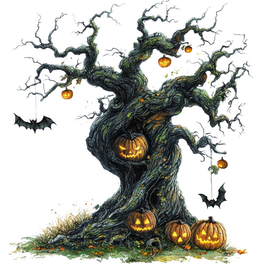 halloween, autumn, fall, spooky, jack-o-lantern, pumpkin, pumpkins, carved pumpkins, glowing pumpkins, haunted tree, gnarled tree, twisted branches, bare branches, gnarled branches, bat, bats, flying bats, dark green, moss green, charcoal gray, black, burnt orange, golden yellow, nature, gothic, whimsical, rustic, eerie, creepy, festive