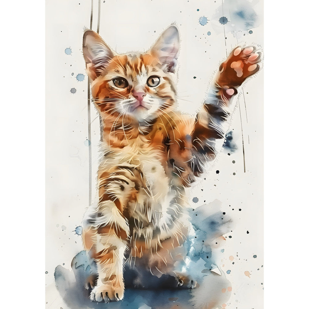 orange tabby cat, ginger cat, watercolor cat, cat illustration, animals, pet portrait, feline, whimsical, artistic, watercolor splashes, blue watercolor, cream white, orange brown, rust orange, abstract splatter, modern art, playful, cheerful, cat lover, pet themed, animal portrait, contemporary, artistic style, hand painted effect, ink splatter, decorative panel, wall art, cat panel