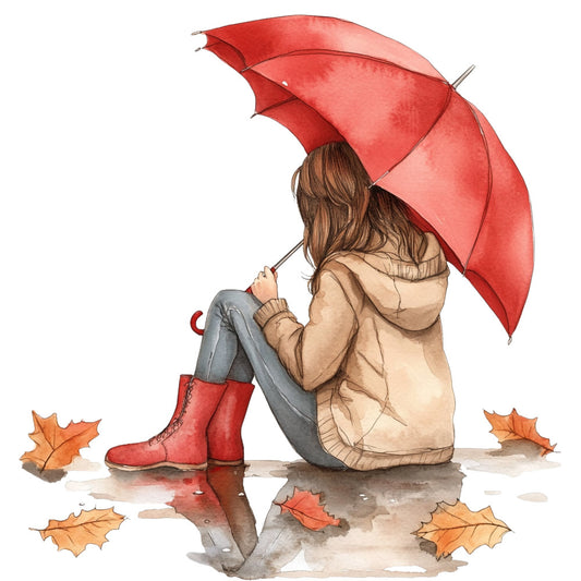 red umbrella, autumn leaves, fall, rainy day, girl, woman, child, nature, whimsical, storybook, illustration, watercolor, tan, beige, cream, red, orange, rust, gray, blue denim, puddles, cozy, weather, contemplative, artistic, children's, nursery, wall hanging, decorative, seasonal