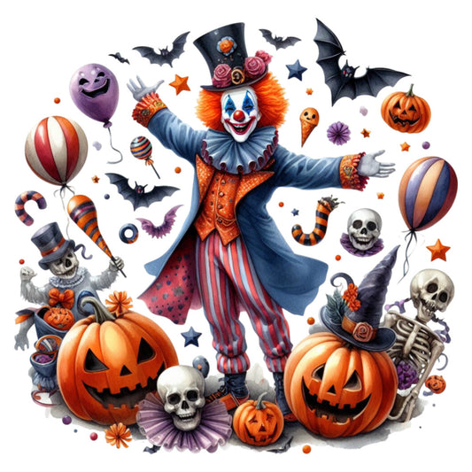 halloween, clown, pumpkin, jack-o-lantern, orange, purple, red, striped, whimsical, festive, spooky, skull, skeleton, bat, candy, balloon, top hat, autumn, fall, scary, fun, playful, vintage circus, dark orange, burgundy, navy blue, stars, striped pants, creepy, holiday