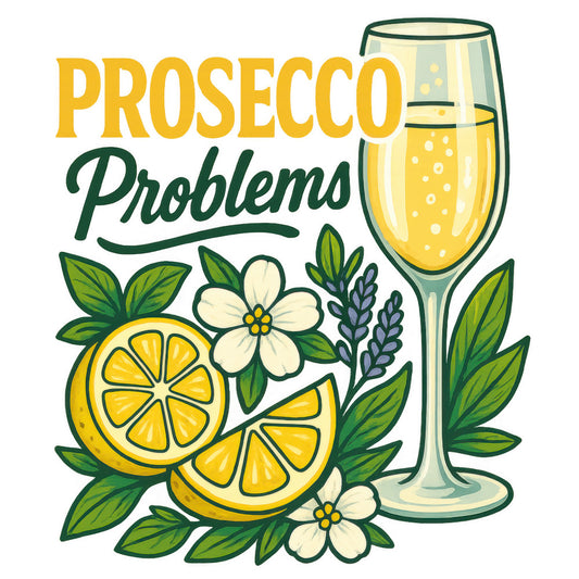 prosecco, champagne glass, lemon slices, white flowers, green leaves, lavender sprigs, yellow gold, sage green, cream white, botanical illustration, citrus fruit, sparkling wine, beverage themed, floral accents, fabric panel, quilting cotton, drink motif, summer vibes, refreshing design, elegant styling