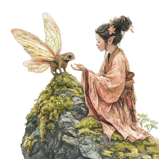 fairy tale, fantasy, whimsical, nature, woodland, magical, asian inspired, girl, woman, figure, winged creature, fantasy creature, moss green, sage green, cream, soft pink, dusty rose, coral, earth tones, watercolor, illustration art, storybook, elegant, dreamy, enchanted, butterfly wings, stone statue, mossy, vintage illustration, spring