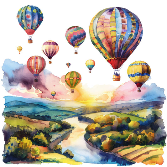 watercolor, hot air balloons, landscape, rolling hills, river, sunset, colorful balloons, fabric panel, quilting cotton, summer scene, pastoral landscape, multi-colored, rainbow balloons, countryside, valley, mountains, geometric patterns, striped balloons, whimsical, bright colors, blue sky, green fields, yellow sun, purple clouds, orange horizon