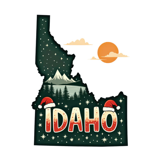 Christmas US States Fabric Panel 39 featuring Idaho state shape with festive Santa hats, stars, mountains, and a sunset design.