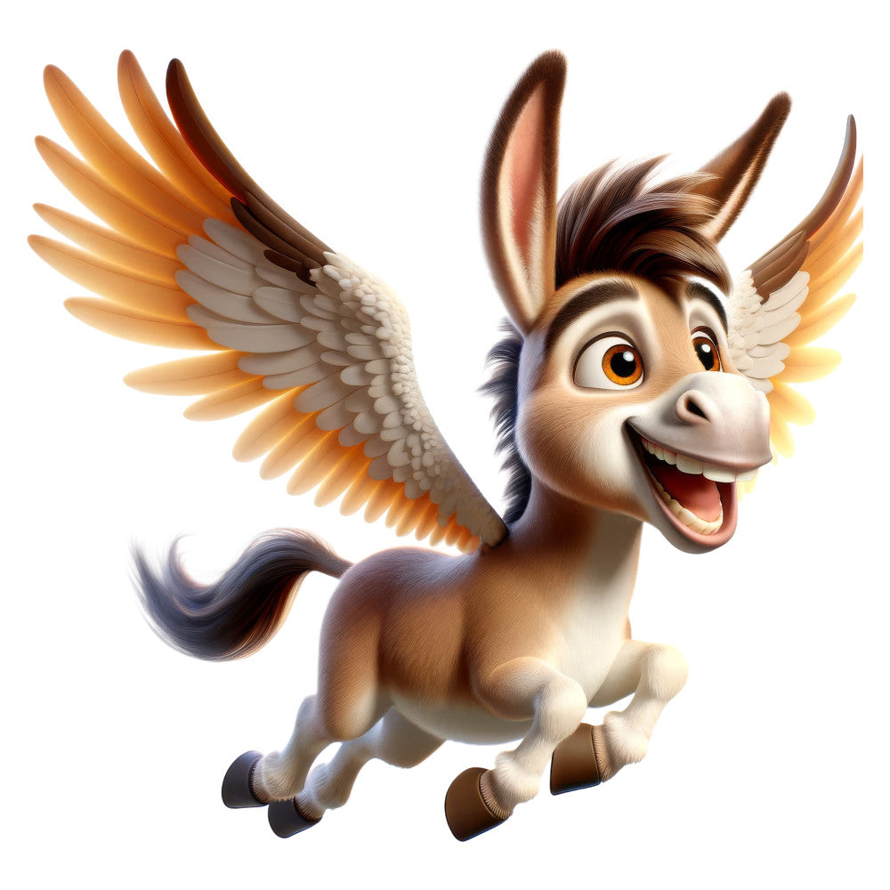 winged donkey, pegasus, fantasy creatures, whimsical animals, celestial, golden yellow, warm brown, cream, tan, chocolate brown, burnt orange, cute characters, children's illustration, playful, joyful, animated style, magical, storybook, cheerful expression, wings, ears, child-friendly, nursery, kids bedding, baby quilt, wall hanging, adventure themed, mythical creatures, happy animals, bright and cheerful