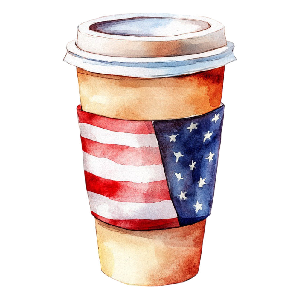 coffee cup, patriotic, american flag, stars, stripes, red white blue, navy blue, cream, tan, beverage, kitchen, novelty, whimsical, modern, americana, fourth of july, independence day, coffee themed, caffeinated, beverage illustration, cup design, latte, cappuccino, patriotic theme, star motif, striped pattern, home decor, everyday, casual style