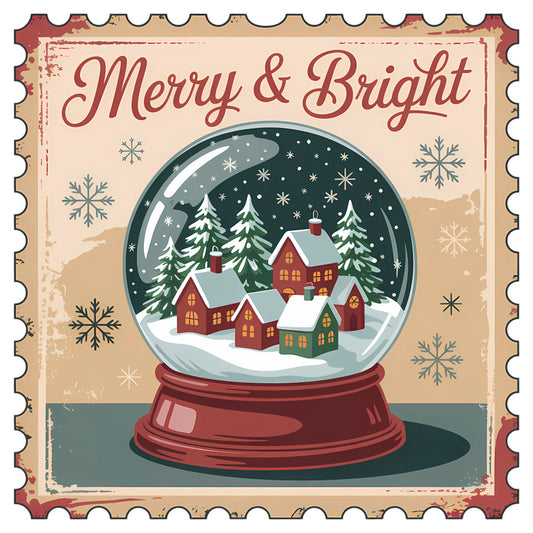 Vintage Christmas Stamps Fabric Panel 22 features a snow globe with snowy houses and trees and "Merry & Bright" text.
