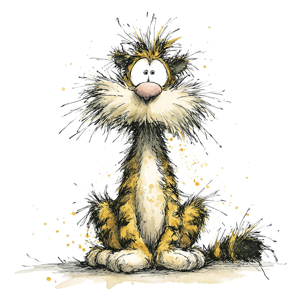 cat, kitten, whimsical, playful, black and white, golden yellow, cream, ink sketch, watercolor, animal, cute, children's, baby, cartoon style, expressive eyes, quirky, modern, illustrative, pet lover, kids room, nursery, decorative, artistic, line drawing, charming, furry friend, humorous, contemporary illustration