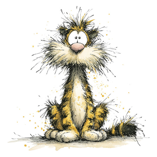 cat, kitten, whimsical, playful, black and white, golden yellow, cream, ink sketch, watercolor, animal, cute, children's, baby, cartoon style, expressive eyes, quirky, modern, illustrative, pet lover, kids room, nursery, decorative, artistic, line drawing, charming, furry friend, humorous, contemporary illustration