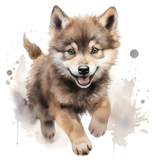 wolf puppy, watercolor style, brown fur, tan colors, cream white, gray accents, black nose, blue eyes, playful expression, running pose, paint splashes, artistic brushstrokes, wildlife theme, canine portrait, fabric panel, quilting cotton, nature inspired, soft textures, warm earth tones, animal design