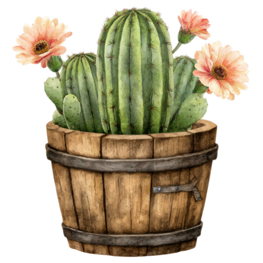 cactus, succulent, flowers, floral, botanical, nature, desert, coral pink, peach, sage green, olive green, tan, brown, wood barrel, rustic, whimsical, southwestern, spring, summer, botanical garden, potted plant, gerbera daisy, charming, cottage core, farmhouse, cheerful, vibrant, blooming, decorative panel, wall hanging