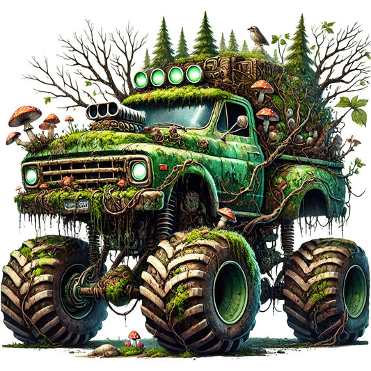 forest green, moss green, earthy brown, cream, rust orange, nature themed, woodland, steampunk, fantasy, whimsical, vintage truck, monster truck, mushrooms, evergreen trees, bare branches, birds, moss covered, overgrown, rustic, industrial, magical, adventure, forest creatures, boho, dark fantasy, nature meets machinery, eco-themed, enchanted forest, supernatural, gothic nature