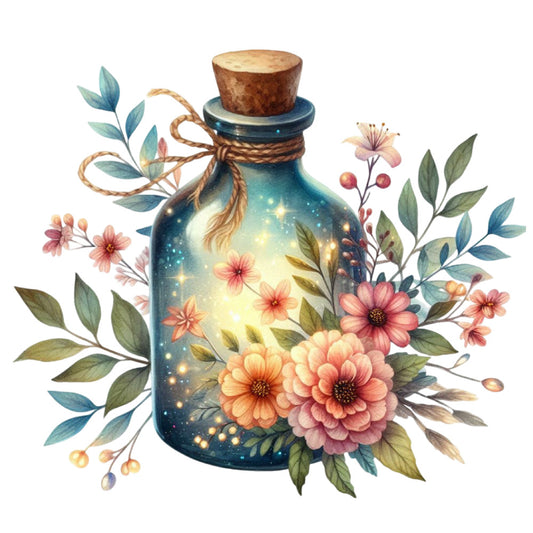 mystical potion bottle, celestial, starry night, whimsical, magical, fantasy, dark teal, coral pink, dusty rose, cream, sage green, blush, botanical, floral, dahlias, daisies, leaves, berries, glow effect, sparkles, vintage, enchanted, nature, spring, summer, elegant, romantic, decorative panel, wall art, boho