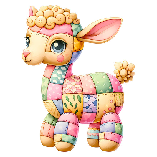 llama, alpaca, pastel pink, coral pink, sage green, soft yellow, lavender purple, cream, patchwork, geometric, polka dots, striped, floral, whimsical, playful, cute, animal, nursery, baby, children's, spring, colorful, rainbow, quilted, folk art, decorative, cheerful, decorative panel, wall hanging