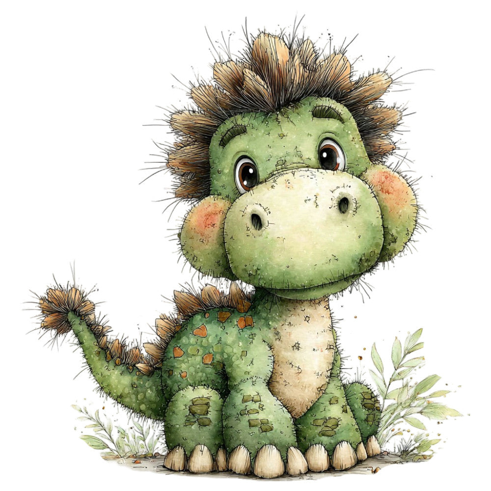 sage green, cream, tan, brown, forest green, soft green, whimsical, cute animals, dinosaur, monster, character, children's, playful, friendly face, nature, botanical, leaves, grass, baby, nursery, illustration, watercolor style, kid-friendly, gentle, adorable, spring, dragon-like creature