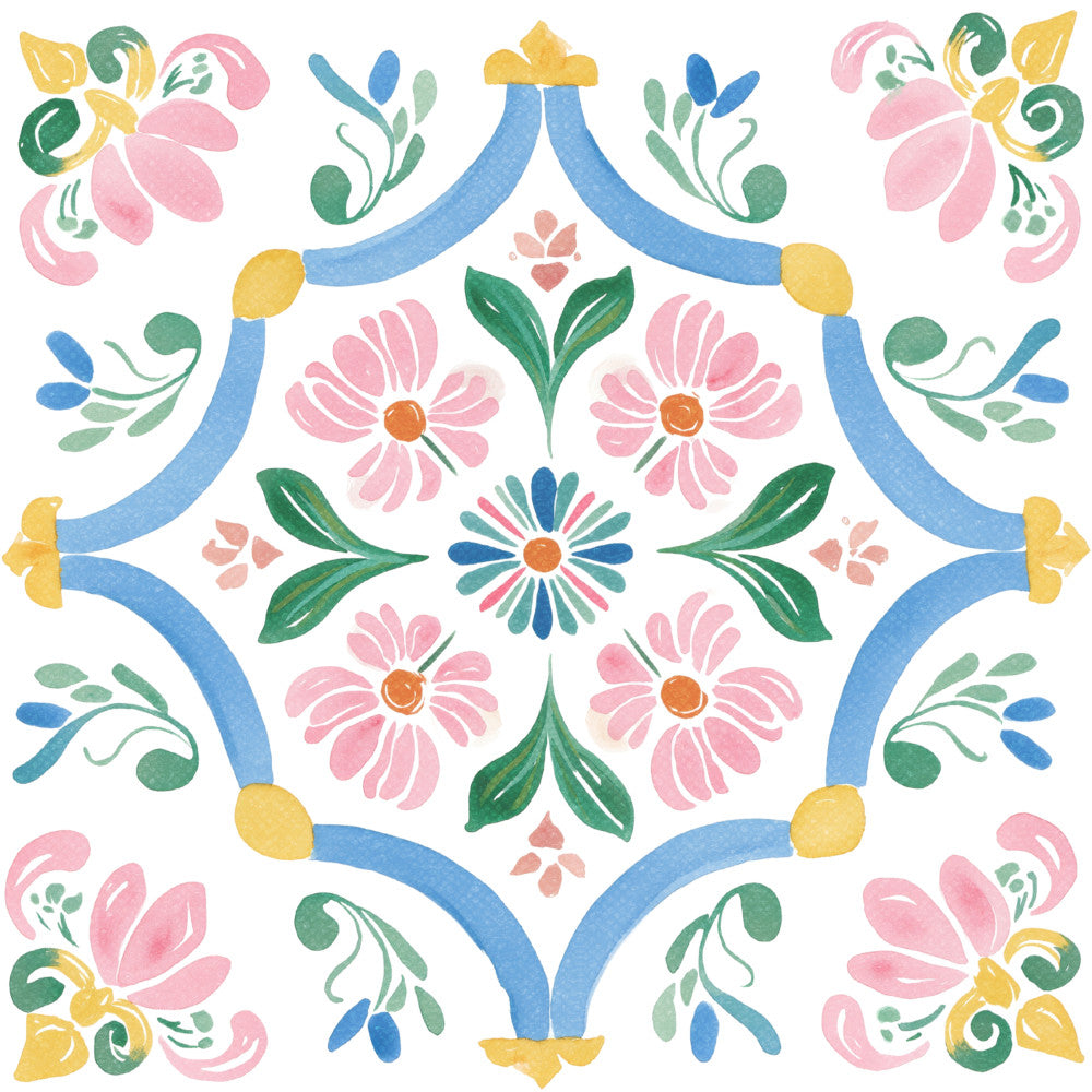 cornflower blue, forest green, dusty rose, golden yellow, soft pink, botanical, floral, geometric, symmetrical, daisy, ornamental, traditional, folk art, decorative, spring, summer, whimsical, cottage core, elegant, nature-inspired, petal motifs, leaf details, scrollwork, vintage style, hand-painted look, cheerful, bright, colorful, medallion design, border print