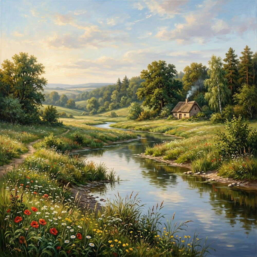 countryside landscape, pastoral scene, rolling hills, wildflower meadow, red poppies, yellow flowers, white daisies, stream water, cottage home, rustic farmhouse, forest green trees, sage green, cream sky, soft blue water, spring summer, nature scenic, traditional landscape, peaceful scenery, rural village, meadow flowers, birch trees, pine trees, cottage core, countryside living, nature lover, scenic beauty, landscape art, idyllic scene, tranquil setting, wall hanging