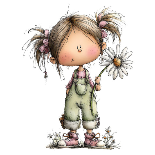 girl, pigtails, daisies, sage green, mauve pink, whimsical, children's, nature, flowers, botanical, charming, storybook, illustration, art print, spring, summer, baby quilt, nursery, countryside, pastoral, cheerful, innocent, playful, vintage style, soft colors, daisy flowers, overalls, boots, adorable, sweet