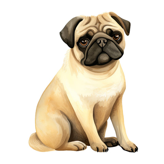 Watercolor Pug Fabric Panel 11 features a detailed pug illustration printed on premium 100% quilting cotton fabric.